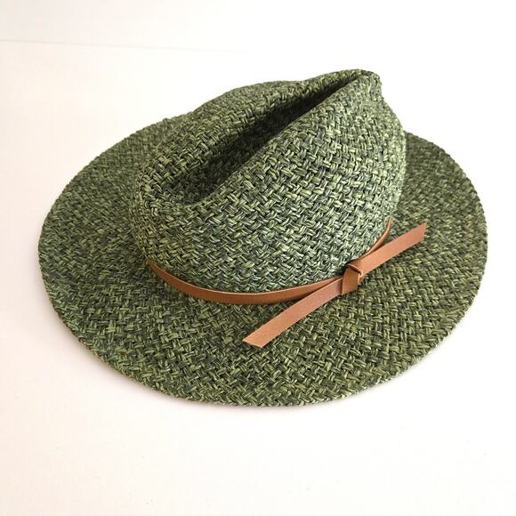 Anthropologie Green Straw Woven Trimmed Rancher Sun Hat w/ Adjustable Tie - Picture 1 of 6